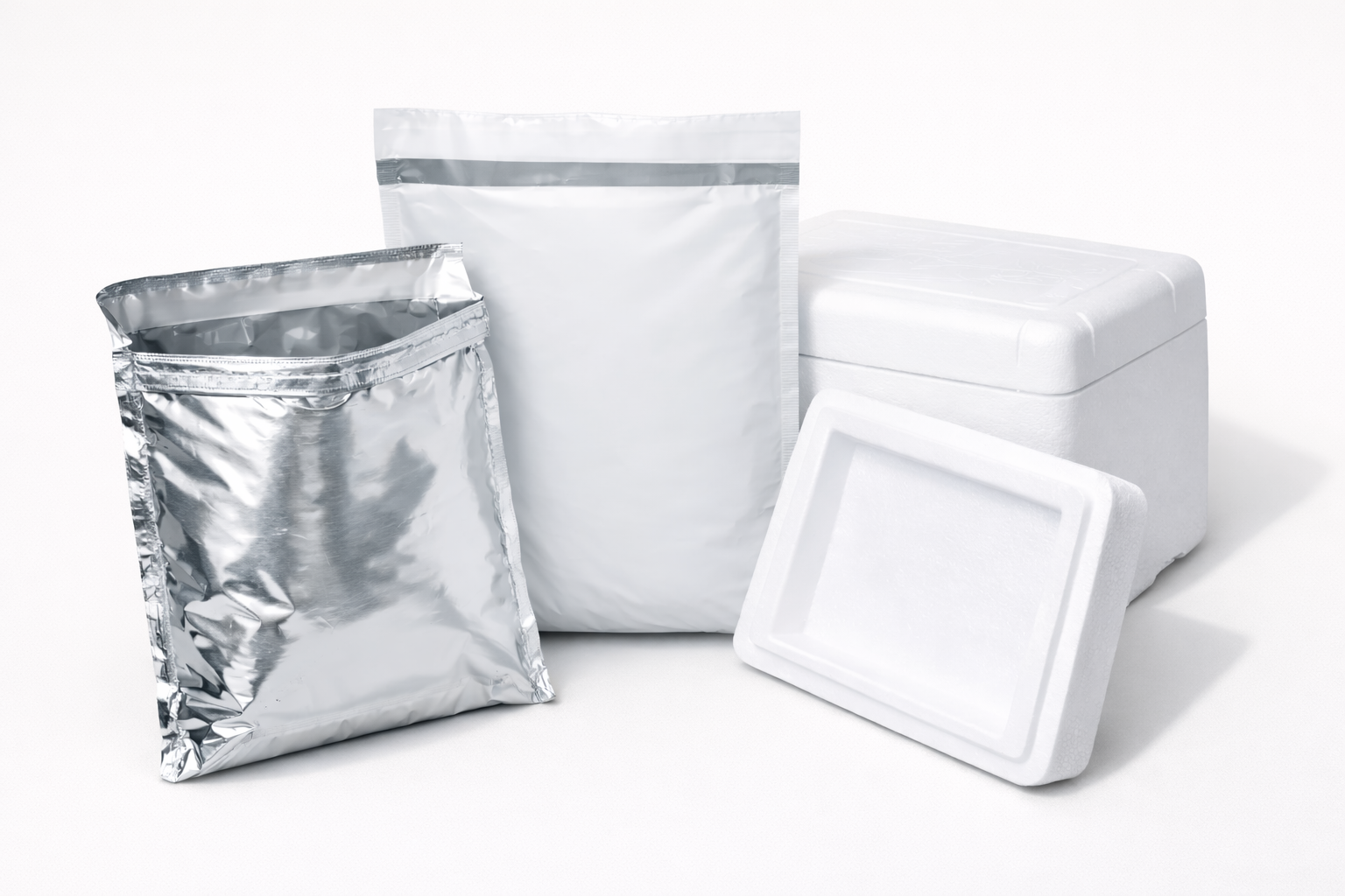 Cold chain shipping supplies including insulated mailer, poly mailer, and EPS foam cooler